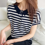 100% pure cotton short sleeved T-shirt women's summer Korean version new polo collar striped knitted sweater loose top - Matrix-studios.com