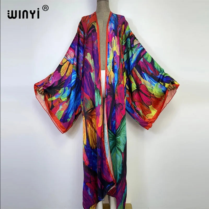 WINYI Catwalk Kimono Women Printed bubble hem coat Long Sleeve Cardigan abaya dubai luxury beachwear Cover Up boho dress Caftan - Matrix-studios.com