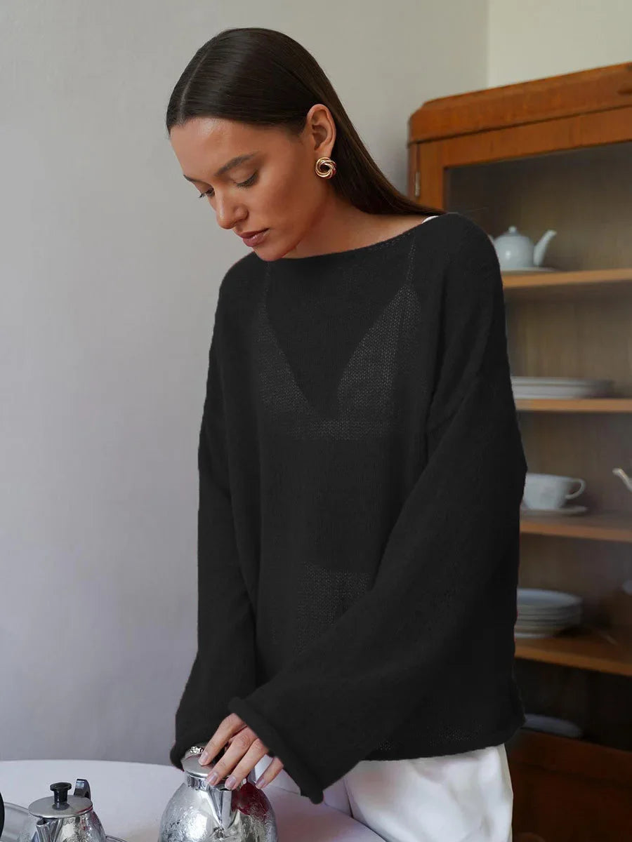 Talenza Hollow Knitted Sweater Pullover Women's Solid See-through O-Neck Long Sleeve Knitted T-Shirt Loose Casual Pullover 2026 - Matrix Studios