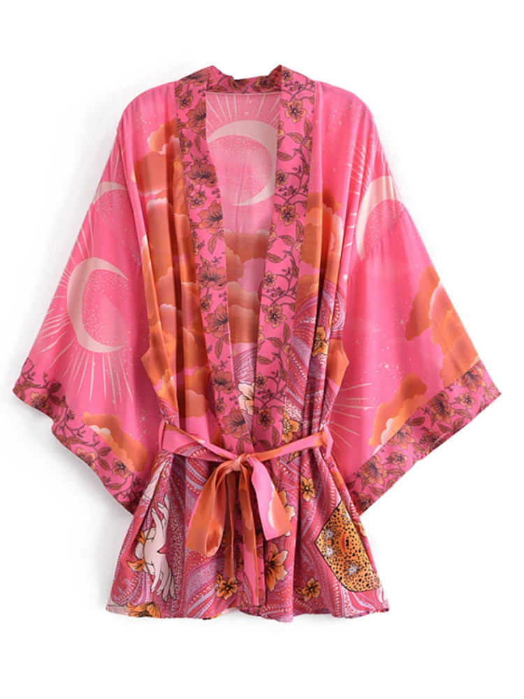 Boho Vintage Star and Moon Floral Print Sashes Women Bohemian V Neck Batwing Sleeves Happie Short Robe Kimono Dress Cover-ups - Matrix Studios