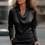 Elegant Women's Satin Shirt Blouse New Print V-neck Swing Neck Long-sleeved Solid Color Loose Shirt Casual Top Office Ladies - Matrix-studios.com