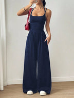 Women's Casual Solid Color Pleating Loose Straight Jumpsuit A-line Backless Halter Neck Slim Cami Jumpsuit Streetwear 2025 - Matrix Studios