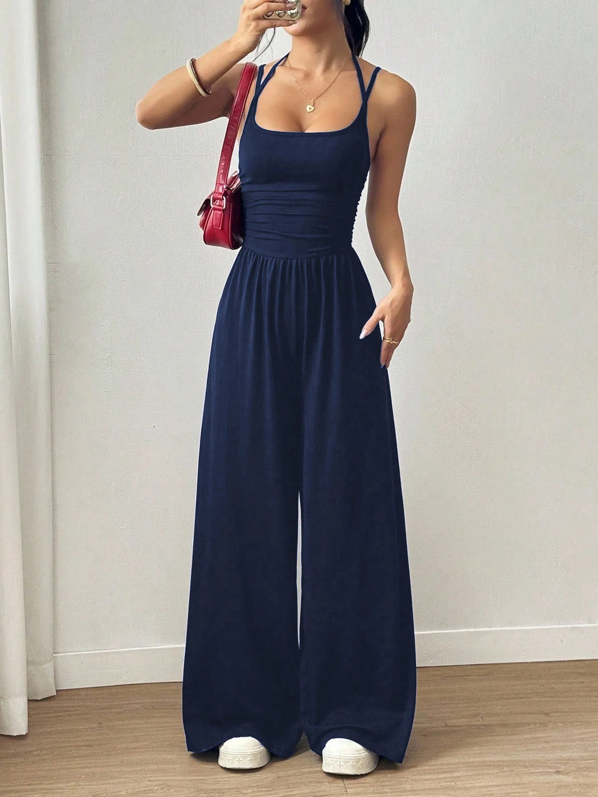 Women's Casual Solid Color Pleating Loose Straight Jumpsuit A-line Backless Halter Neck Slim Cami Jumpsuit Streetwear 2025 - Matrix Studios