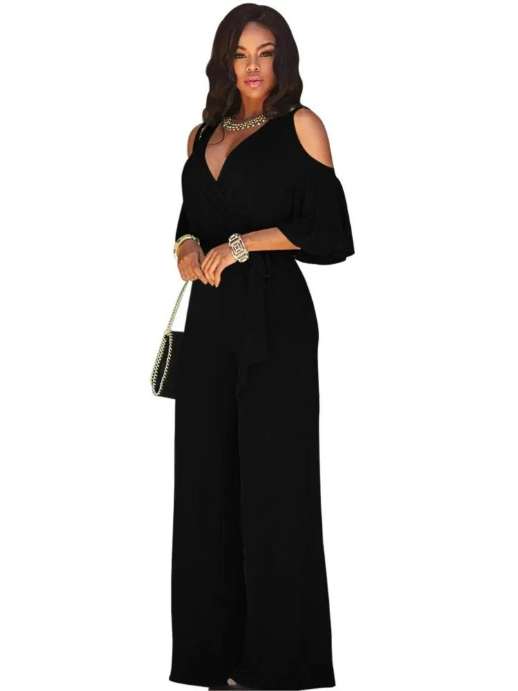 Spring Summer Solid Color Women Sexy Deep V Neck Short Sleeve Rompers Fashion Slim Fit Lace Up Elegant Female Wide Leg Jumpsuit - Matrix Studios