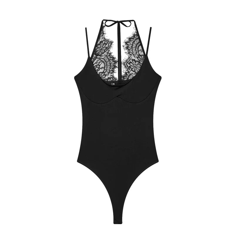 Women's Bodysuit 2026 New Fashion Summer Black Spliced Lace Bodysuit for Women Elegant Chic Personality Spaghetti Strap Bodysuit - Matrix Studios