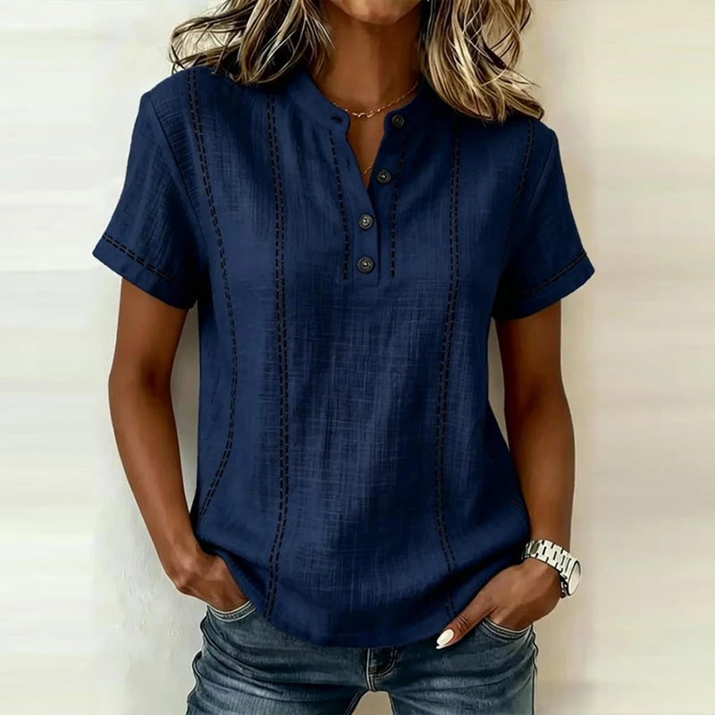Elegant Women Blouse Shirt V Neck Button Patchwork Short Sleeve Shirts For Women Summer Striped Loose Tee Women Casual T-shirts - Matrix-studios.com