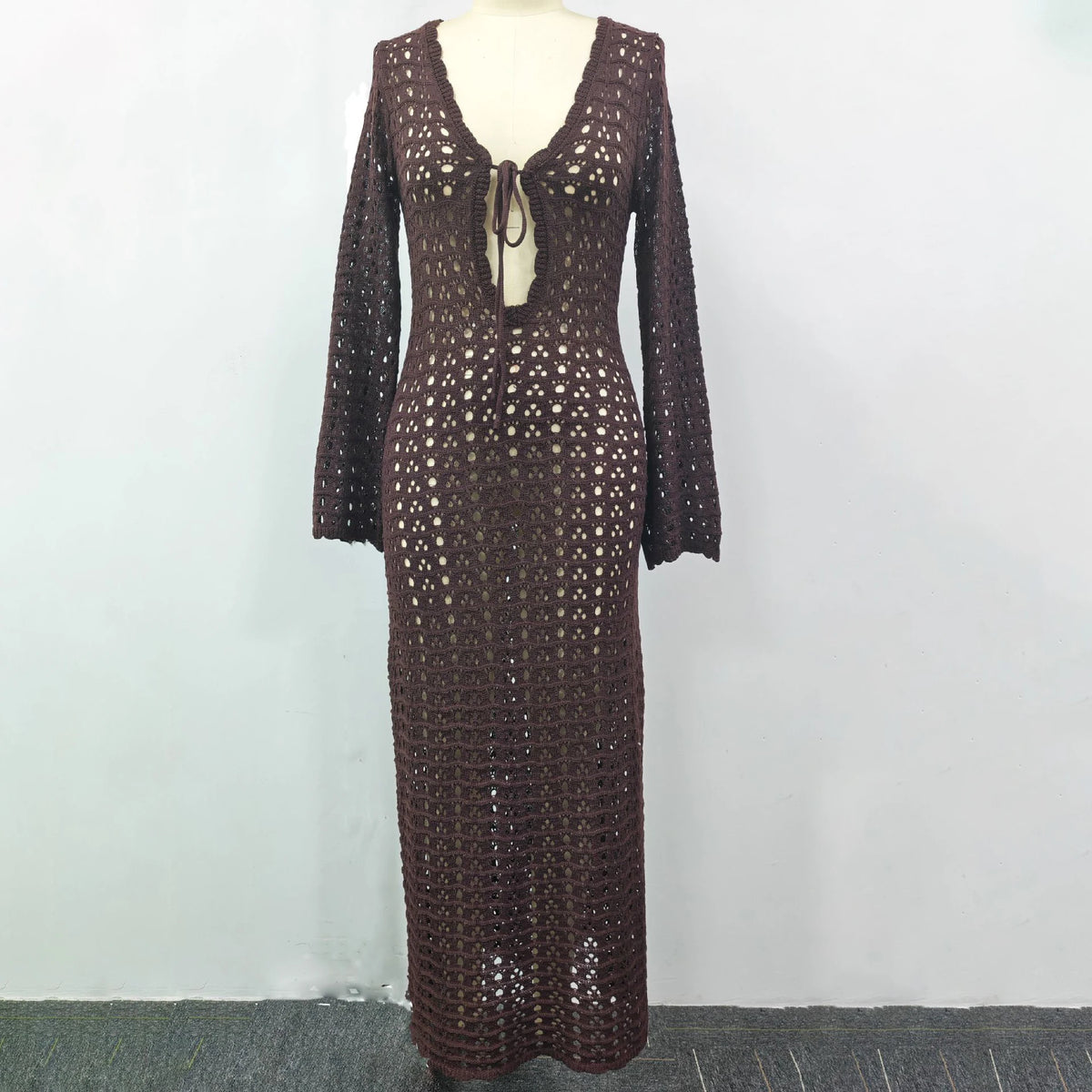 Sexy Bikini Cover Up Lace Hollow Crochet Swimsuit Beach Dress Women 2025 Summer Cover-Ups Coffee Bathing Suit Beach Wear Tunic - Matrix Studios