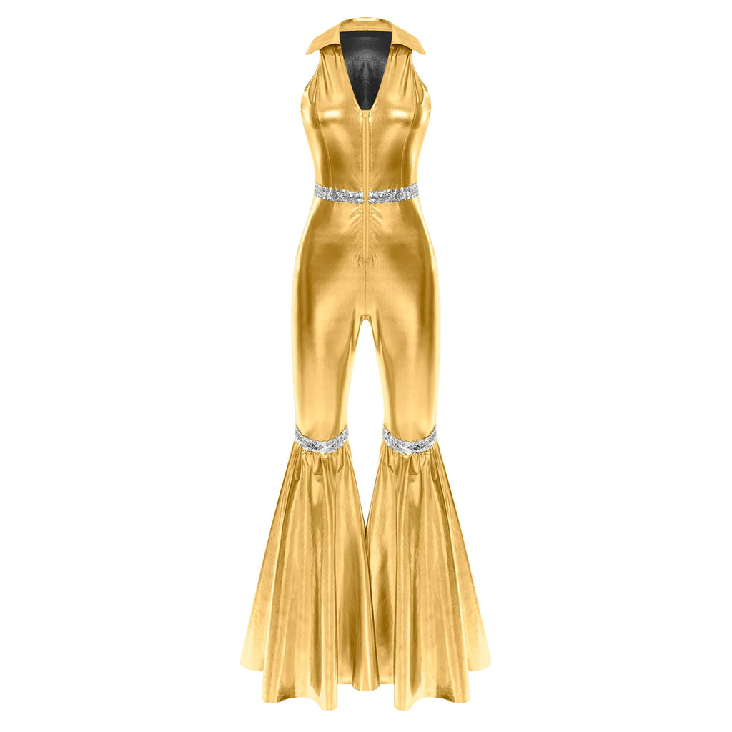 Adult Womens 70s Disco Rompers Lapel V Neck Sleeveless Front Zipper Sequins Bell Bottom Long Pants Jumpsuit Retro Jazz Dancewear - Matrix Studios