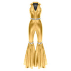 Adult Womens 70s Disco Rompers Lapel V Neck Sleeveless Front Zipper Sequins Bell Bottom Long Pants Jumpsuit Retro Jazz Dancewear - Matrix Studios