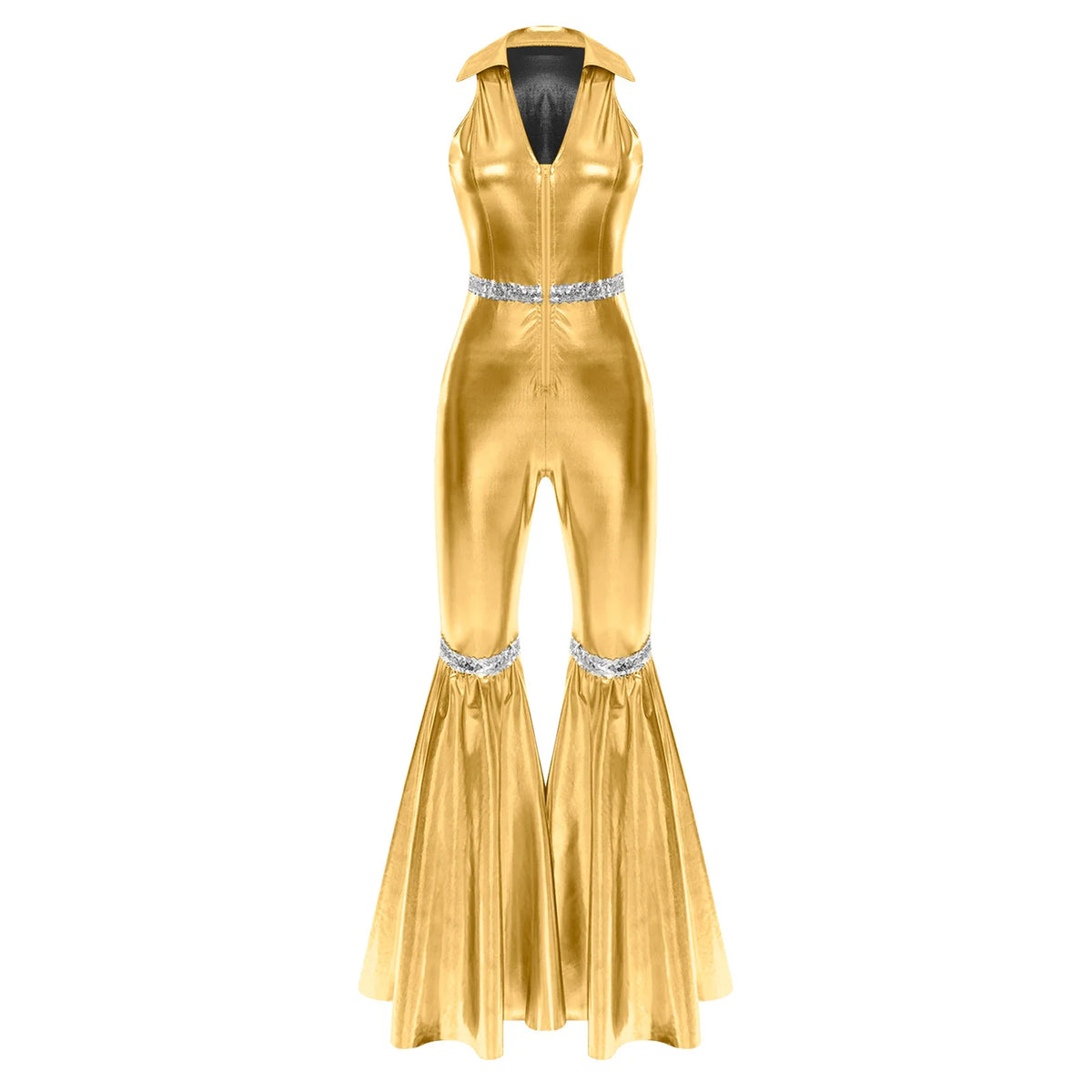 Adult Womens 70s Disco Rompers Lapel V Neck Sleeveless Front Zipper Sequins Bell Bottom Long Pants Jumpsuit Retro Jazz Dancewear - Matrix Studios