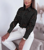 Women's Blouses Hollowed Out Long Sleeved Shirt Casual Solid Button Up With Lapel And Open Front Camisas Femininas - Matrix-studios.com
