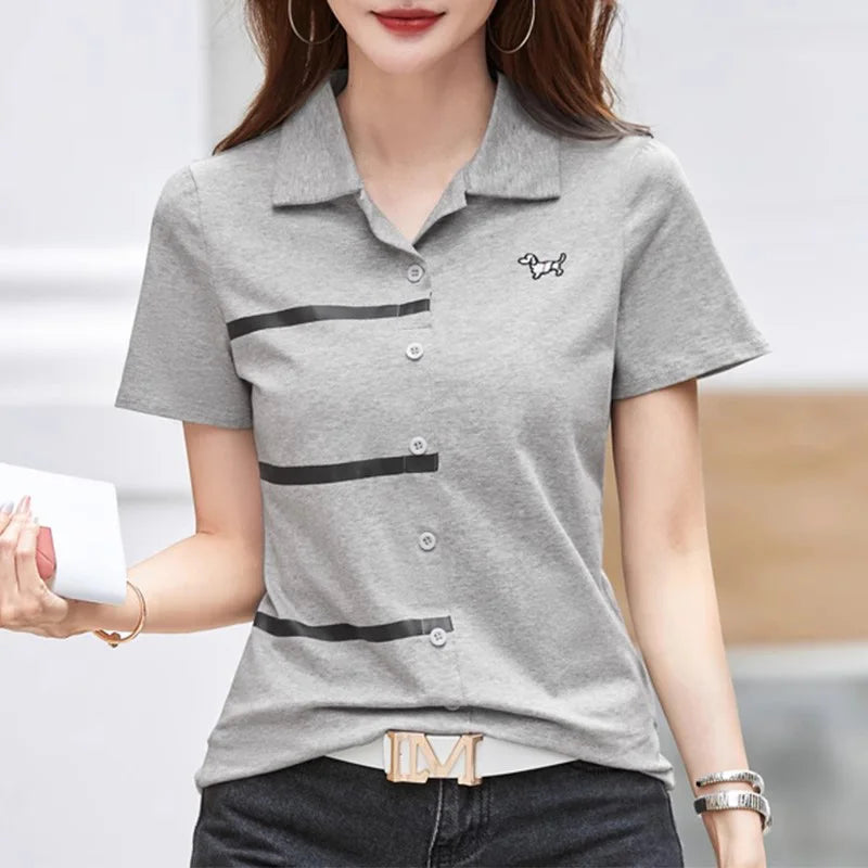 New Women Summer Cotton Polo T-shirt Fashion Turn-down Collar Short Sleeve Contrast Color T-shirt Casual Simplicity Loose Tees - Matrix-studios.com