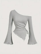 Women's Off-Shoulder Cross Long-Sleeved Slim Fit T-Shirt Asymmetrical Street Style Casual Elegant Top with Trumpet Sleeves - Matrix-studios.com