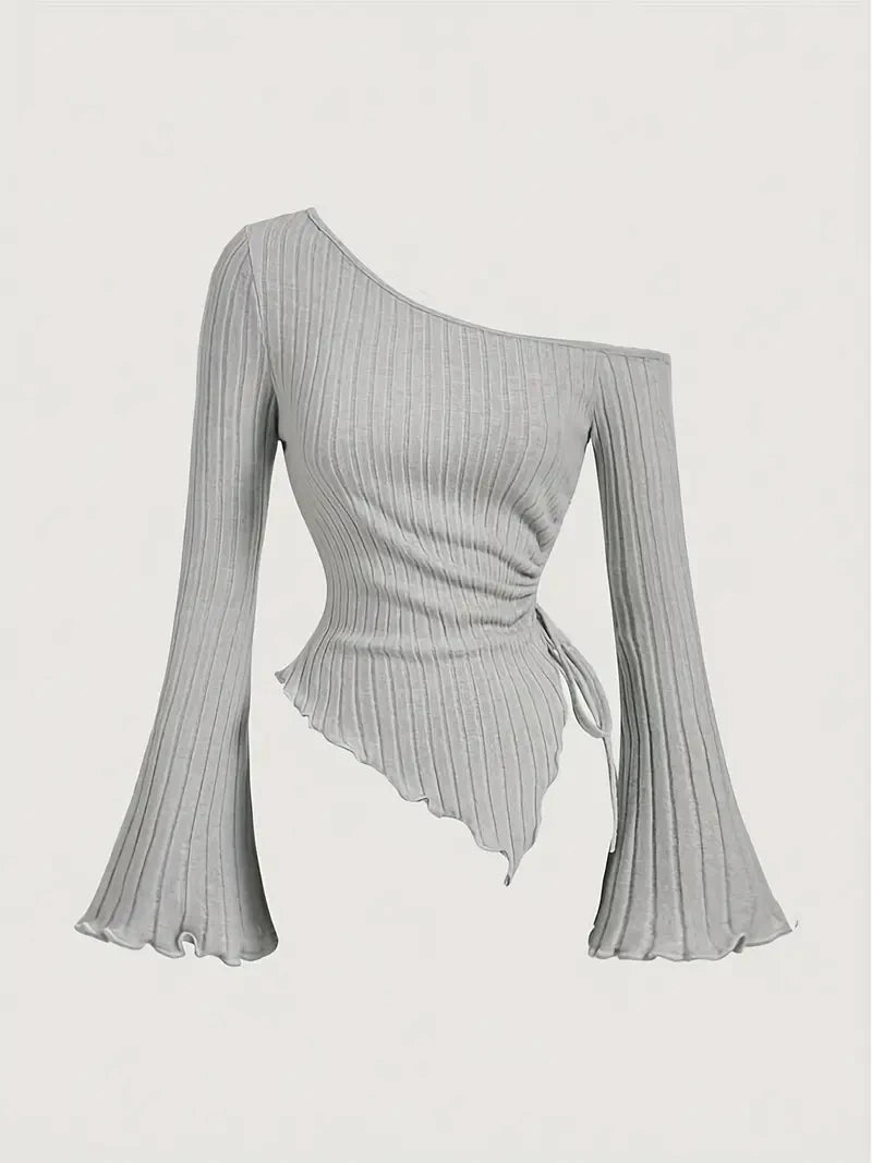 Women's Off-Shoulder Cross Long-Sleeved Slim Fit T-Shirt Asymmetrical Street Style Casual Elegant Top with Trumpet Sleeves - Matrix-studios.com