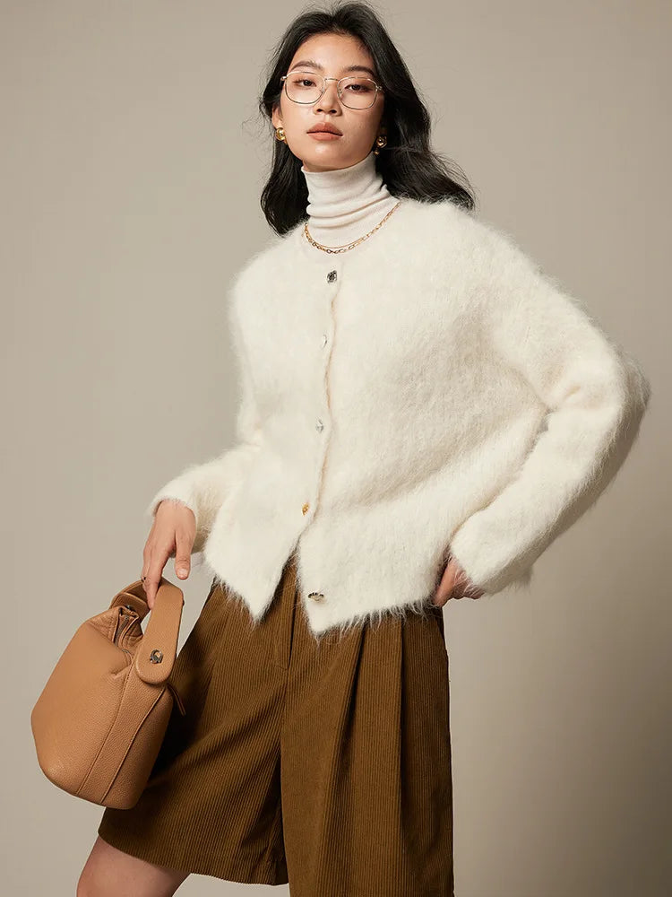SuyaDream, Women Cardigans, 78%Alpaca, O Neck, Single breasted Solid Sweaters, 2025 Fall Winter Warm Jackets, White, Grey, Pink - Matrix Studios