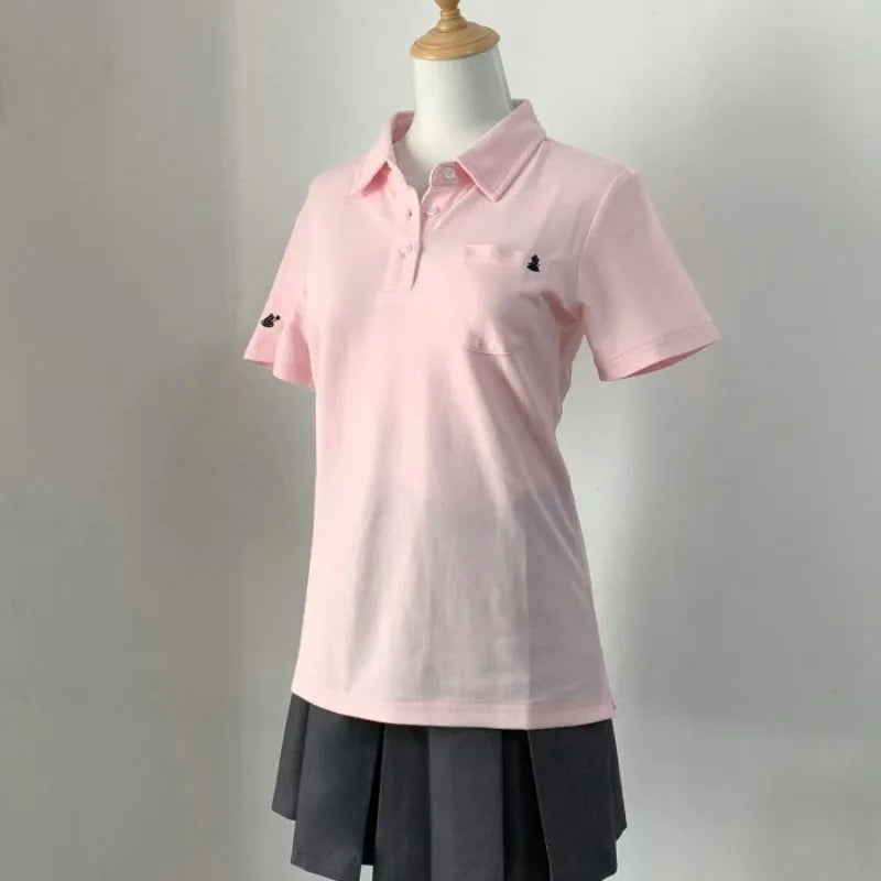 Deeptown Basic Embroidere T-Shirts Women Short Sleeve Polo Collar Japanese Style JK Tees Slim Preppy Solid Color Summer Youthful - Matrix-studios.com