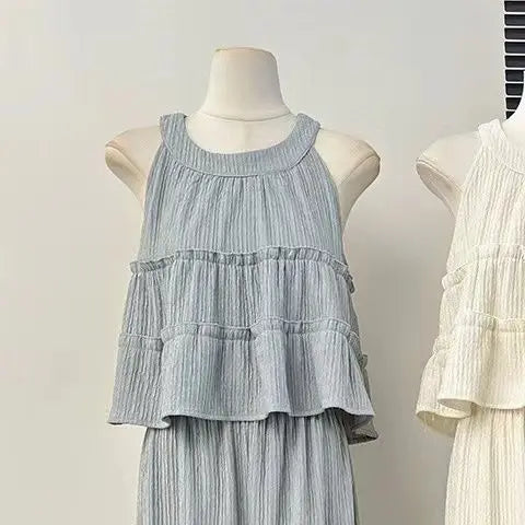 Faionable round Ne Svel Top High Waist Straight Leg Pants Women's Summer New Sle Korean Version Two-Piece Set - Matrix-studios.com