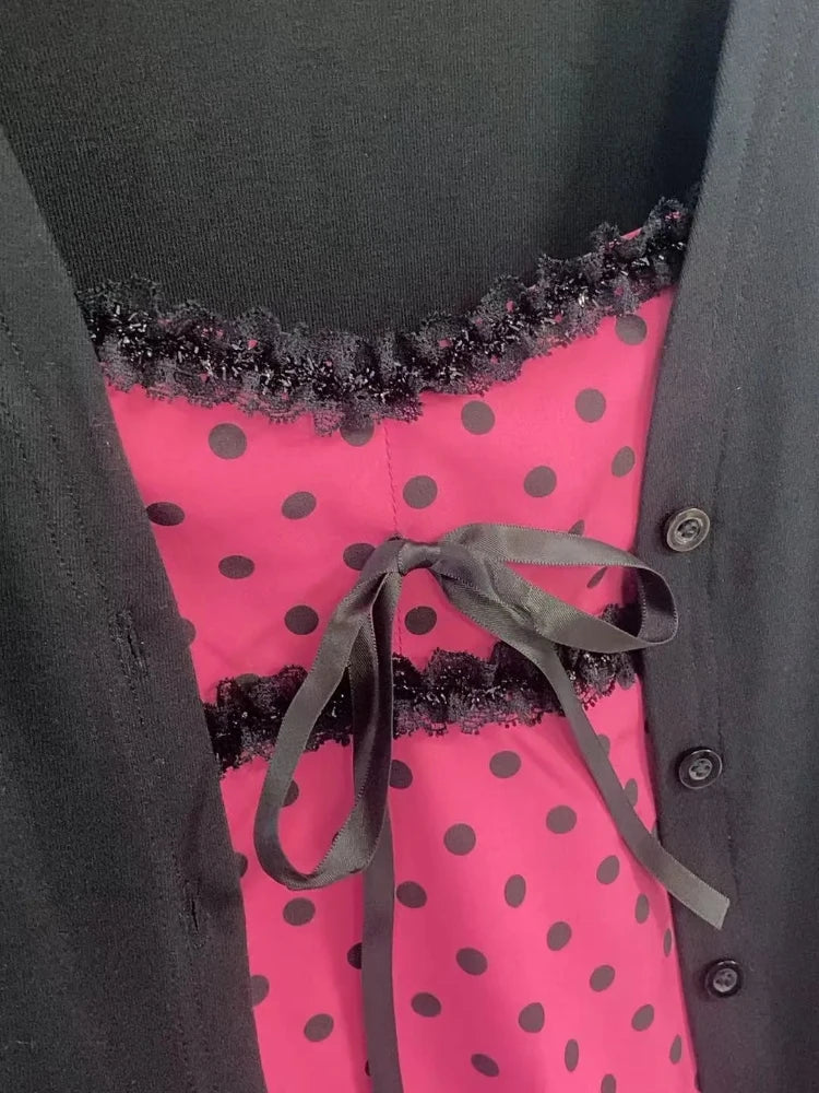 New Autumn Japanese Sweet 2 Piece Set Women Design Pink Polka Dot Strap Y2k Tops +Chic Cardigan Harajuku Fashion Vintage Outfits - Matrix Studios