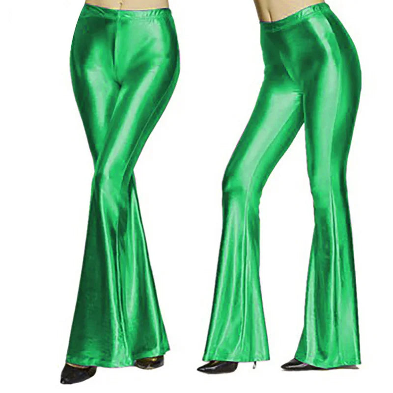 Women Shiny Flare Trousers Metallic Bell Bottoms Ruffle Wide Leg Pants Retro 70s Retro Disco Costume Stage Prom Club Trouser