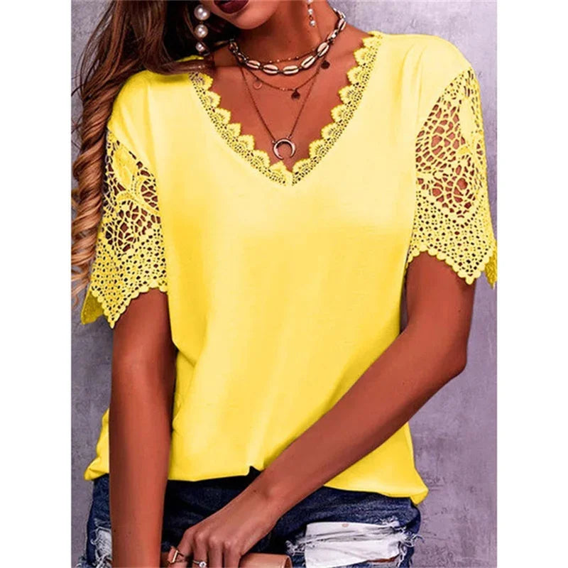 Spring Summer Women Shirts Elegant Hollow Out Lace Short Sleeve V-neck  Casual Chic Oversized Blouses Solid Color Streetwear Top - Matrix-studios.com