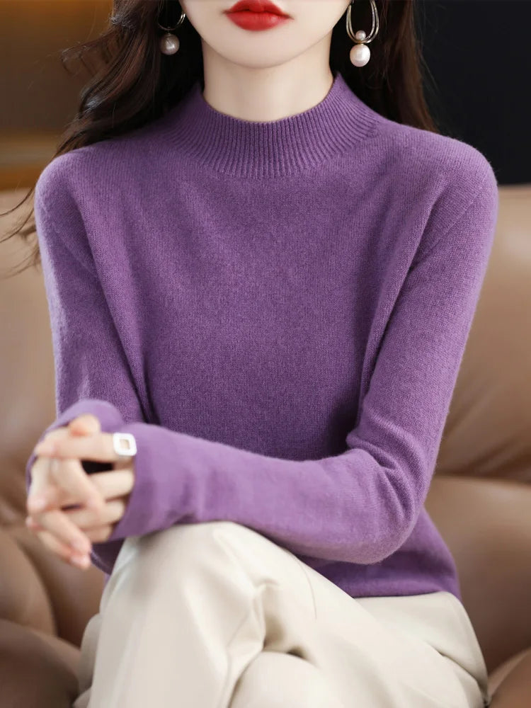 Fashion 100% Wool Sweater Women's Mock-Neck Knitwear Cashmere Pullovers Autumn Winter Long Sleeve Jumpers Clothing Tops - Matrix Studios