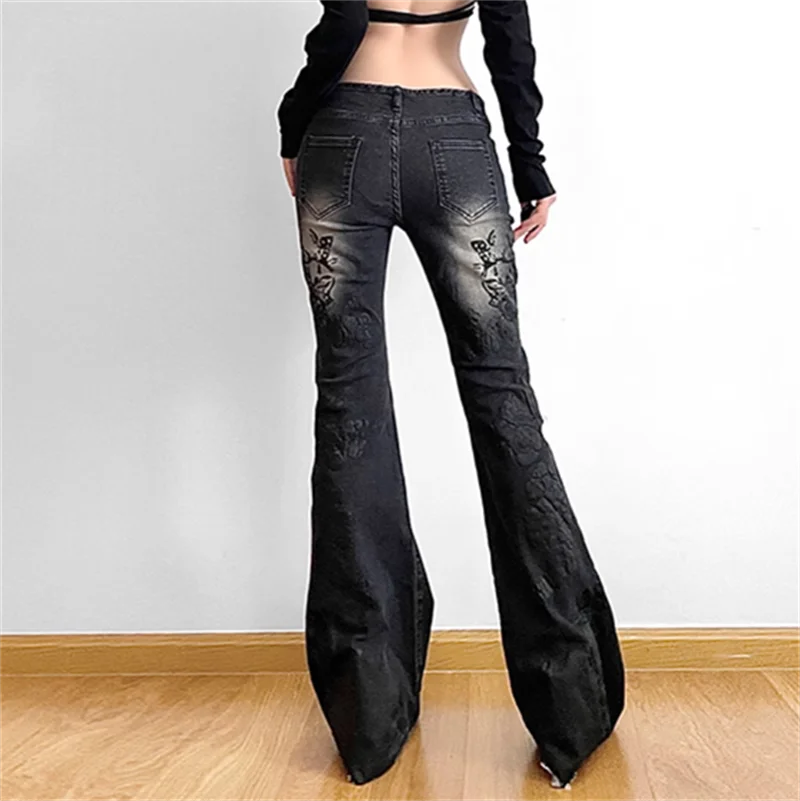 Women Gothic Y2k Flare Jeans Harajuku Baggy Denim Trousers 90s Aesthetic Low Waist Jean Pants Vintage 2000s Trashy Clothes 2024 - Matrix-studios.com