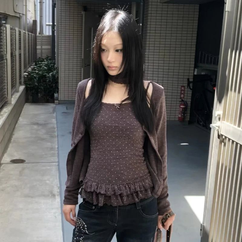 Karrram Japanese Y2k Knitted Tops Two Piece Set Vintage Harajuku Button Knit T-shirt Sets Korean 2000s Style Knitwear American - Matrix-studios.com