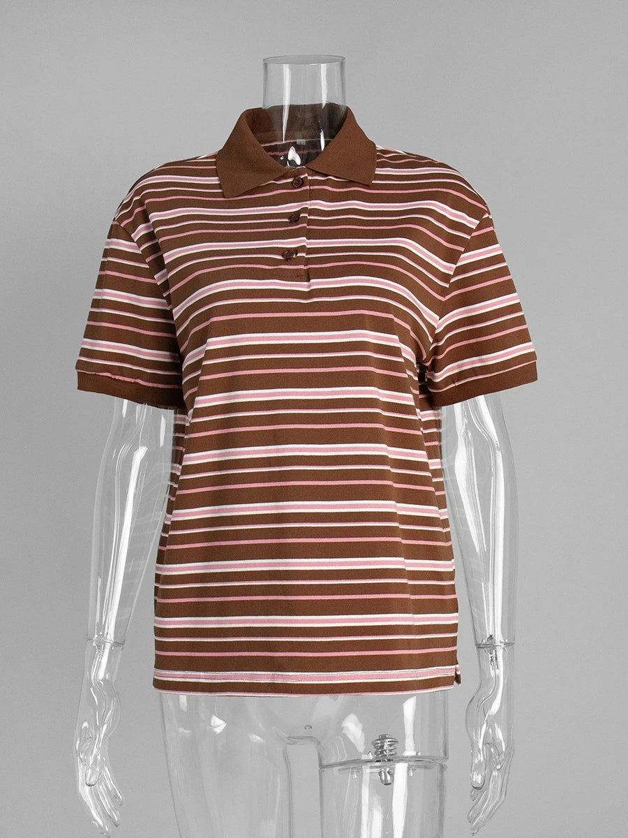 Bornladies Summer 2025 New Women's Retro Striped Polo Short Sleeve T-Shirt Loose Knitted Casual Top - Stylish Flattering Fit - Matrix-studios.com