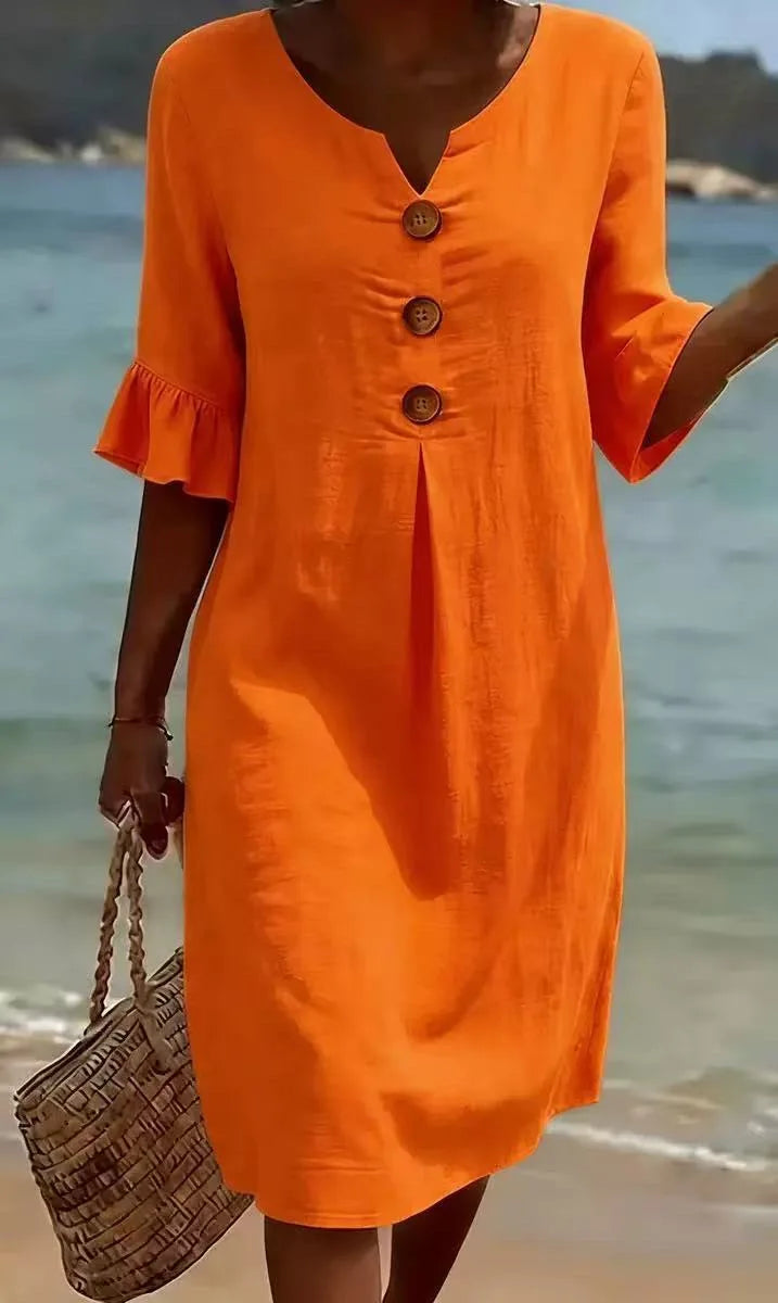 2026 Amazon European and American Cross-Border Spring and Summer New Cotton and Linen V-Neck Dress with Large Buttons and Ruffle - Matrix-studios.com
