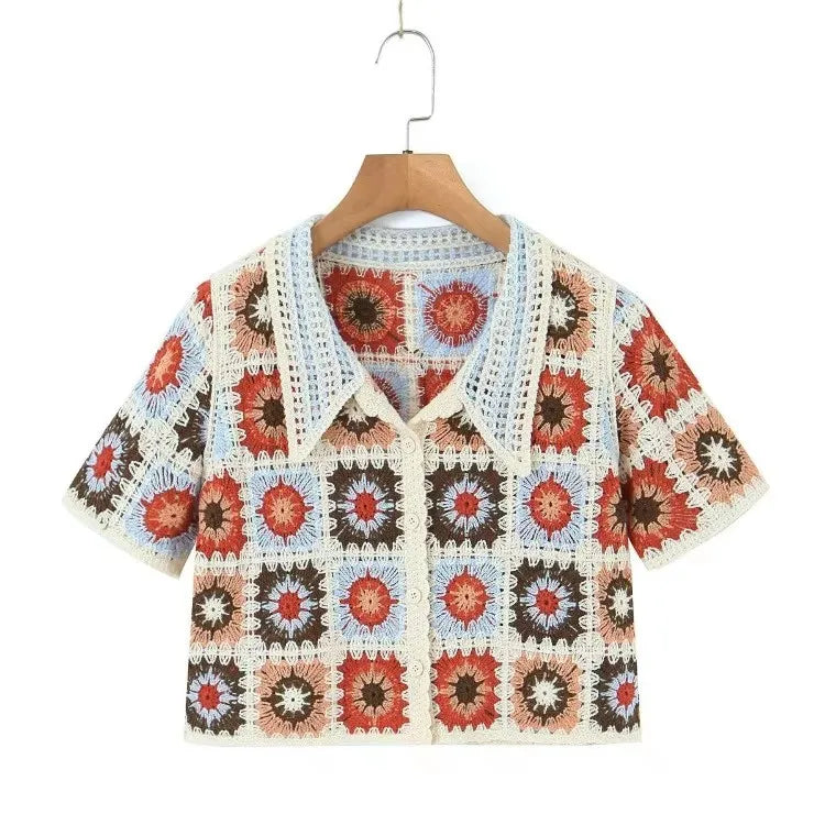 Floral Crochet Vest Top Collared Button-up Short Sleeve Sheer Crop Knit Top Cardigan for Women Teengirl Fairycore Vintage Outfit - Matrix Studios