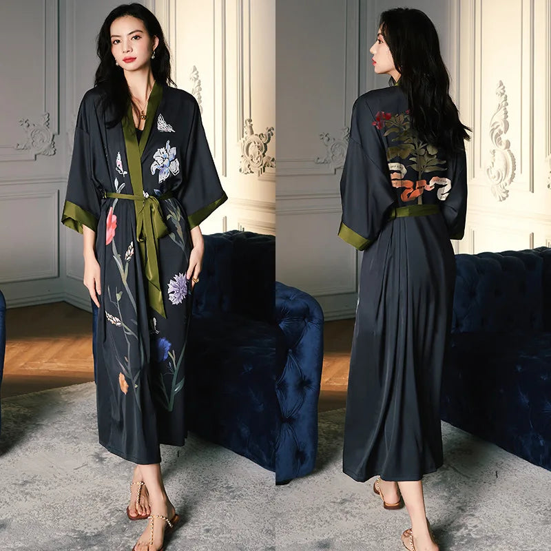Print Flower Long Kimono Bathrobe Gown Sexy Women Half Sleeve Wedding Robe Nightgown Spring Summer Rayon Home Dress Sleepwear - Matrix-studios.com