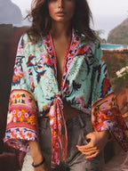 Happie Queens Floral Print Sashes Short  Kimono Women Fashion V Neck Batwing Sleeves Robe Lady Boho Bikini Cover-ups - Matrix Studios