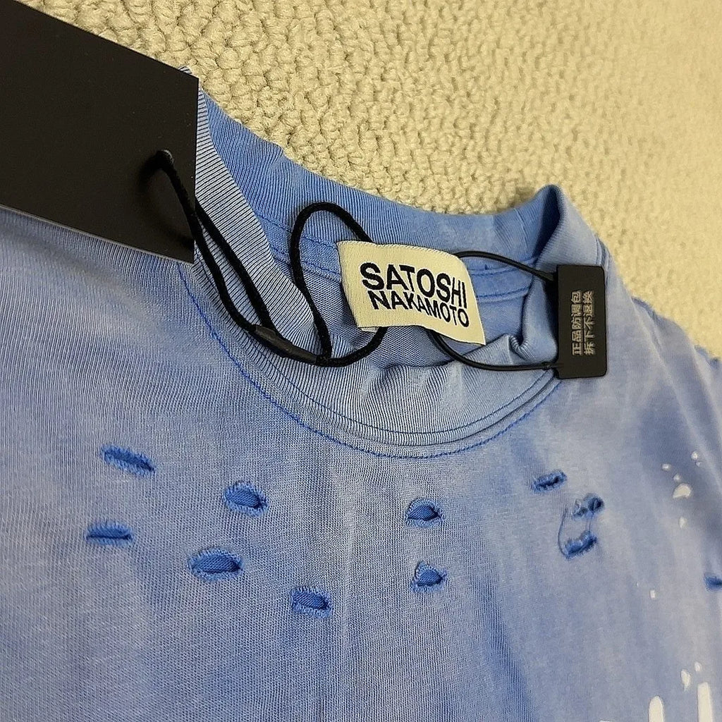 Blue Summer Hiphop Street Distressed Washed Worn Splashed Ink Sleeveless Tshirt SATOSHI Waistcoat Men Women Vest Loose Tank Top - Matrix-studios.com