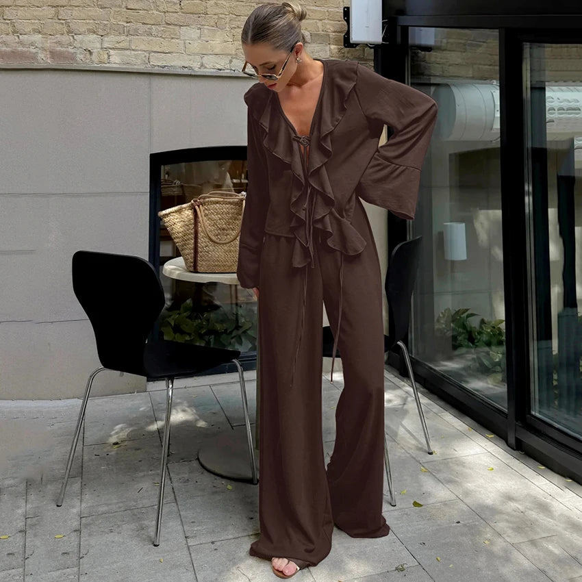 Linad Casual Loose Apricot Outfits Fashion Ruffles Flare Sleeve Blouse With High Waist Pant 2 Piece Sets Summer Long Pants Suits - Matrix-studios.com