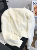 Imitation Mink Sweater Cardigan Women Korean Slim Plush Knit O-neck Short Tops Casual Knitwear Gilet Jackets Soft Malhas Coats - Matrix Studios