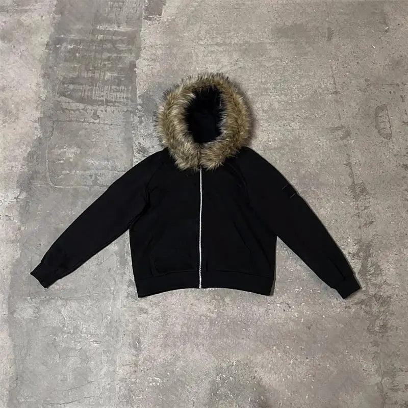 Streetwear Y2K Zip up hoodie Dark Faux Fur Collar Camouflage Rock Goth Zipper Hoodie sweatshirt Punk Hip Hop Jacket Vintage EMO