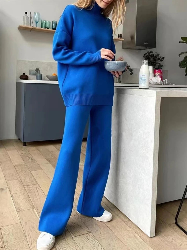 Autumn Winter 2 Pieces Women Sets Knitted Tracksuit Turtleneck Sweater and Straight Jogging Pants Suits - Matrix-studios.com