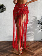Crochet Tassel Bikini Cover Up Dress Beach Wear Women Tie Up Bather Bathing Suit Tassel Long Skirt Swimsuit Cover Up Beach Dress - Matrix Studios