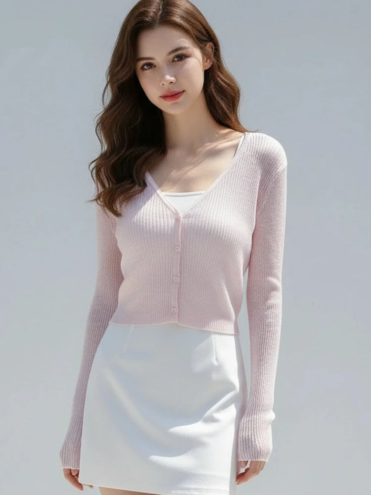 Korean Women Cardigan Summer Thin Casual Solid Feminino Sun-proof All-match Knitted V-neck Sweet Style Candy Color Basic Daily - Matrix Studios