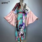 WINYI Summer Kimono Party Dress Beach Wear Swim Suit Cover Up Africa Women Loose Puff(ed) Sleeves Cardigan Boho Holiday Kaftan - Matrix Studios