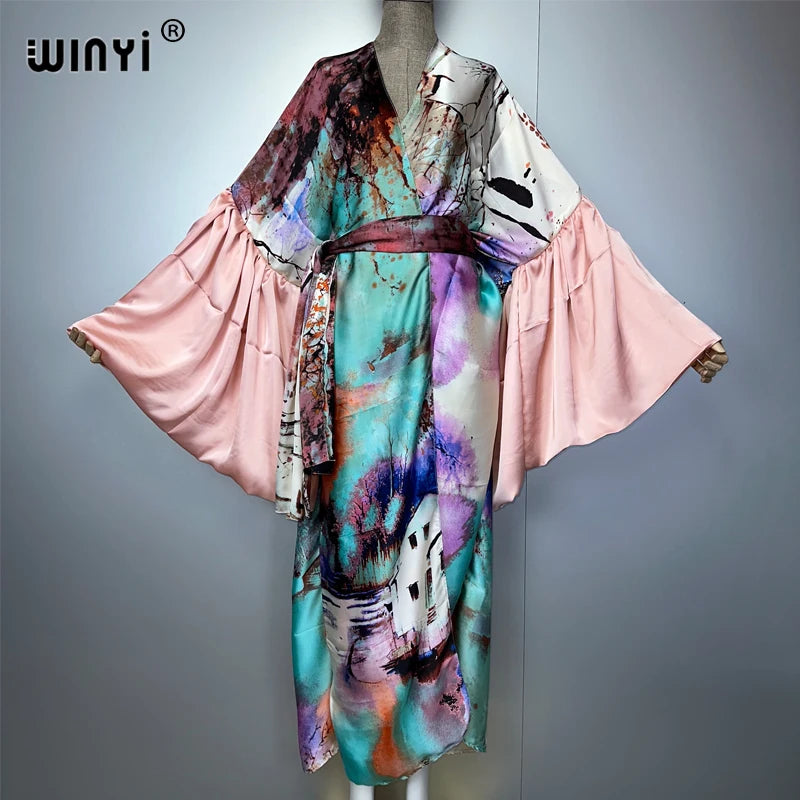 WINYI Summer Kimono Party Dress Beach Wear Swim Suit Cover Up Africa Women Loose Puff(ed) Sleeves Cardigan Boho Holiday Kaftan - Matrix Studios