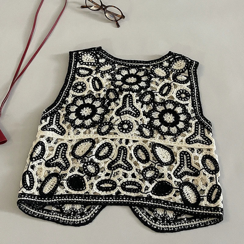 Women Floral Embroidered Crochet Vest Top Summer Beach Cover Up Cardigan Waistcoat Boho Chic Vacation Outfit - Matrix Studios