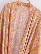 Boho Queens Women Pink Floral Print Bohemian Kimono Beach Robe Lady Batwing Sleeves Rayon Vacation Boho Bikini Cover-ups - Matrix Studios