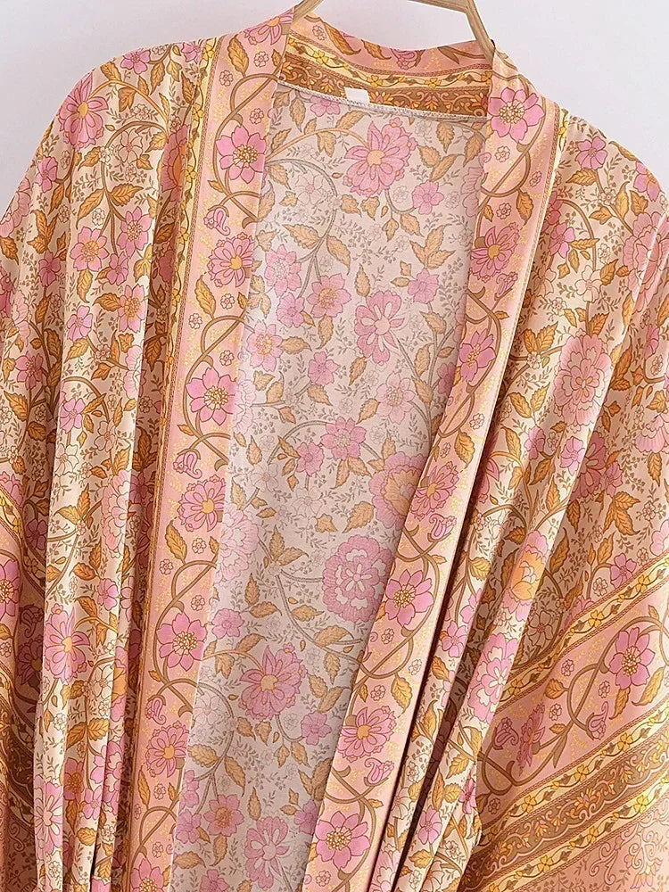 Boho Queens Women Pink Floral Print Bohemian Kimono Beach Robe Lady Batwing Sleeves Rayon Vacation Boho Bikini Cover-ups - Matrix Studios