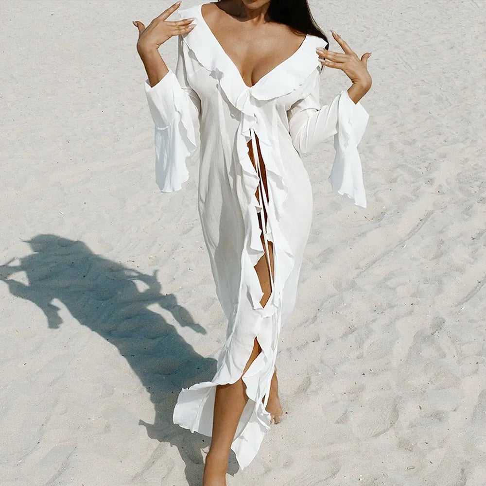 Fashion V Neck Summer Beach Cover Up Ruffled Long Sleeve Beach Dress Bathing Suit Vacation Bikini Sunscreen Smock for Women - Matrix Studios
