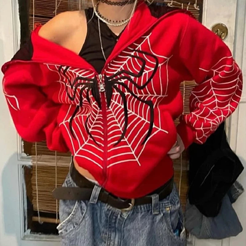 Y2k Rhinestone Skeleton Hoodies Women Gothic Black Zip Up Oversized Sweatshirts Female Retro Harajuku Hooded Jackets Streetwear - Matrix Studios