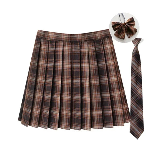 Women Summer Plaid Pleated Skirt With Necktie Bowtie Korean Jk Skirt Uniform Japanese School Preppy A Line Mini Skirts - Matrix-studios.com