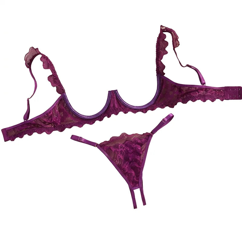 Women's Lingerie Ultra Sexy Open Bra Thong Sets Romantic Lace Underwear Hollow Ultra Thin Lingerie Set Intimate Erotic Lingerie - Matrix-studios.com