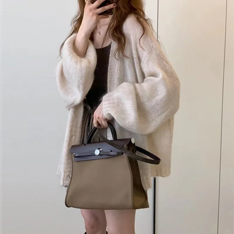 Autumn and Winter New Women's Solid Color Cardigan Sweater Fashion Casual Single-breasted Lantern Sleeve Sweater Jacket - Matrix Studios