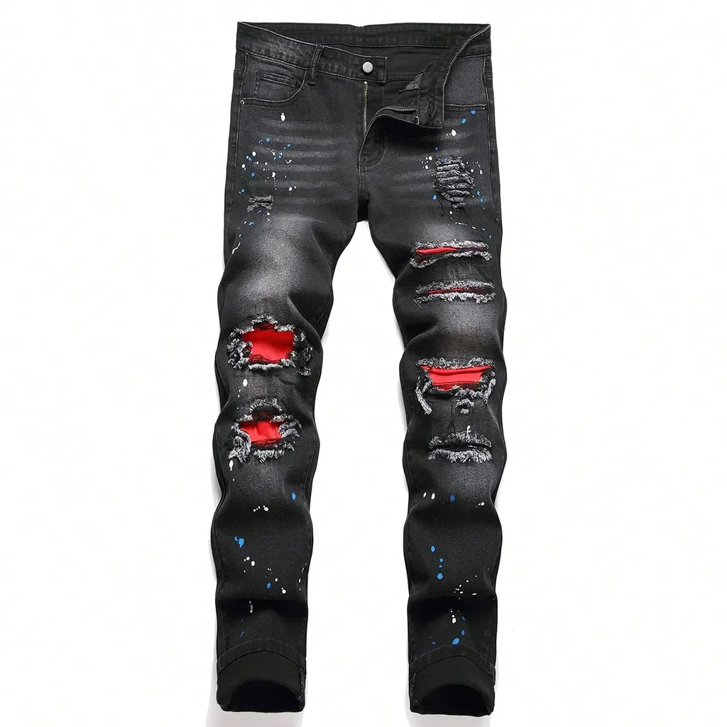 Men y2k Stretchy Skinny Denim Jeans For Men Casual pants Ripped Patchwork Hole Slim Fit Denim Hip Hop Black Straight Trousers - Matrix Studios